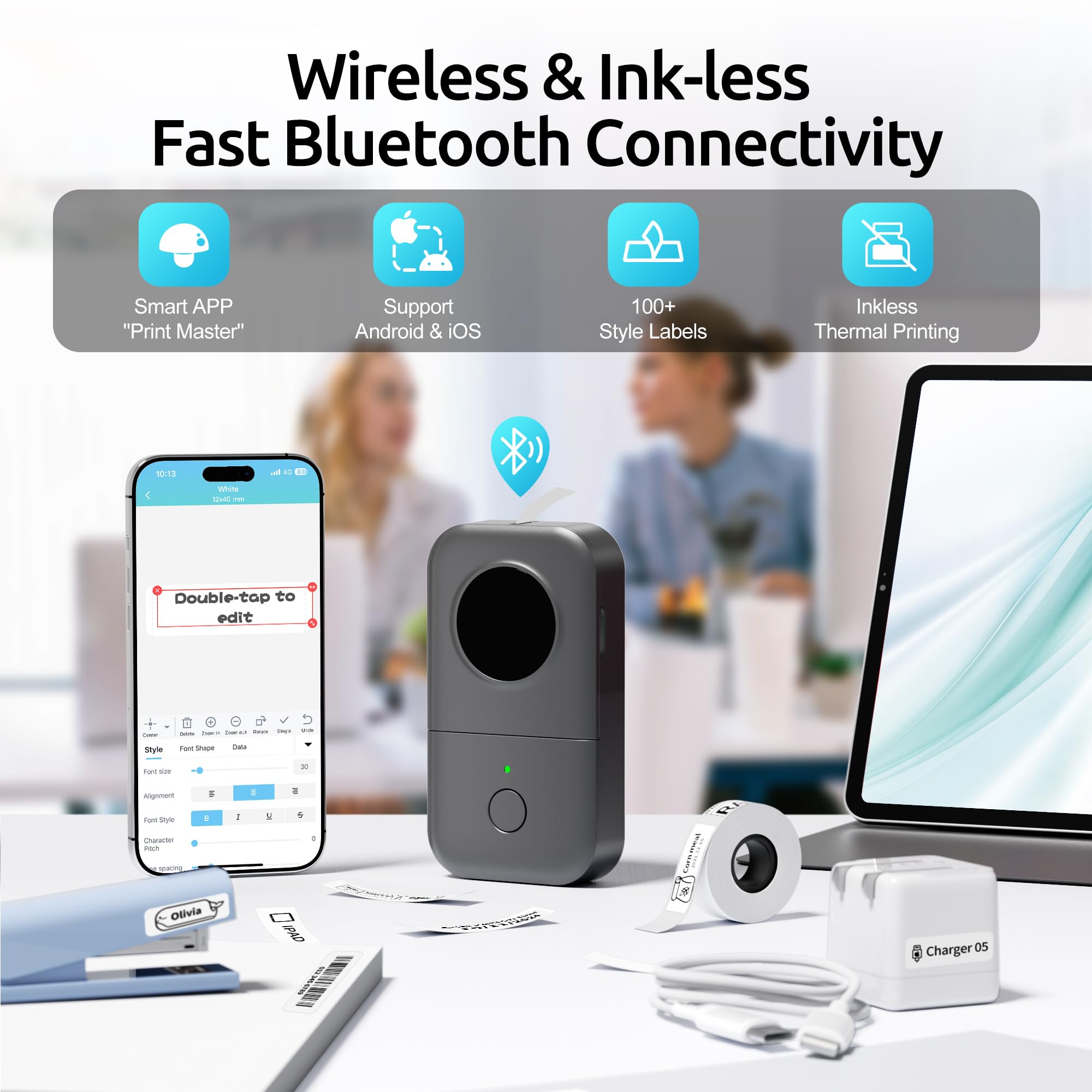 Phomemo D30 urządzenie do drukowania samoprzylepnych etykiet, Bluetooth, drukarka etykiet, minidrukarka etykiet z 3 rolkami, pudełko prezentowe, nadaje się do domu i biura - szara