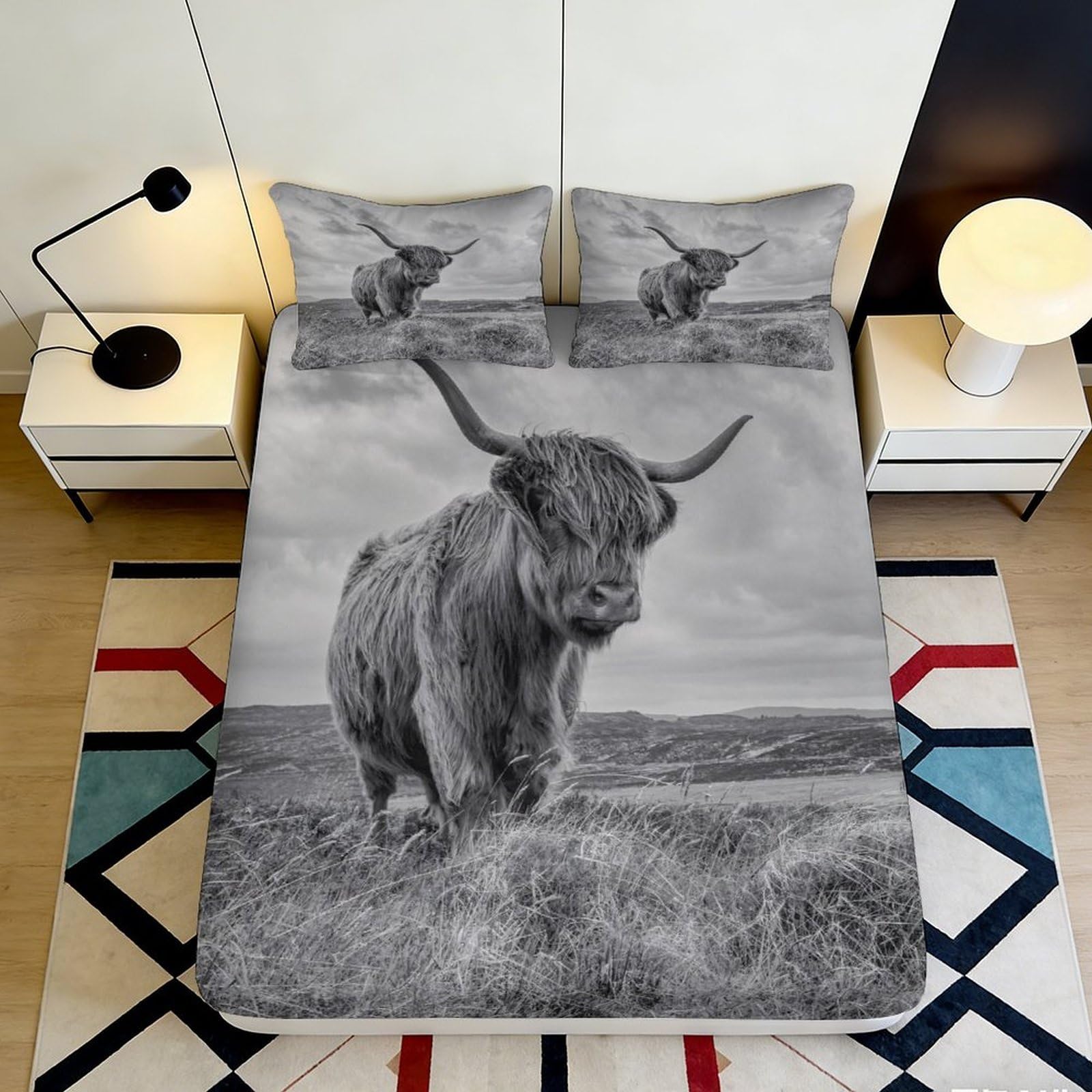 Jqzkxnhpbr Style-6 3D Printed Highland Cow Fitted Sheet Microfiber Grey Artistic Farm Landscape Mattress Cover For Bedroom Living Room Decor 90X200x25cm