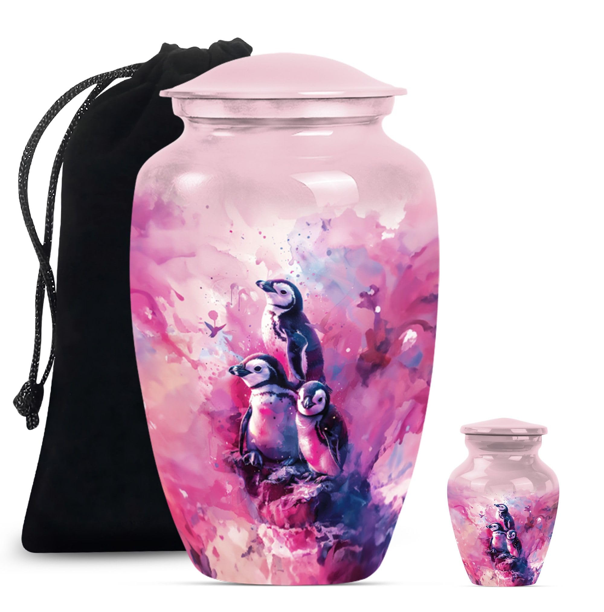YATHABHISA Penguin Blossom - Ash Urn - Keepsake Urns for Ashes - Combo of 1 Large Urn with Velvet Bag and 1 Small - Decorative Urns - Human Urn - Cremation Urns for Men - Burial Urns for Human Ashes