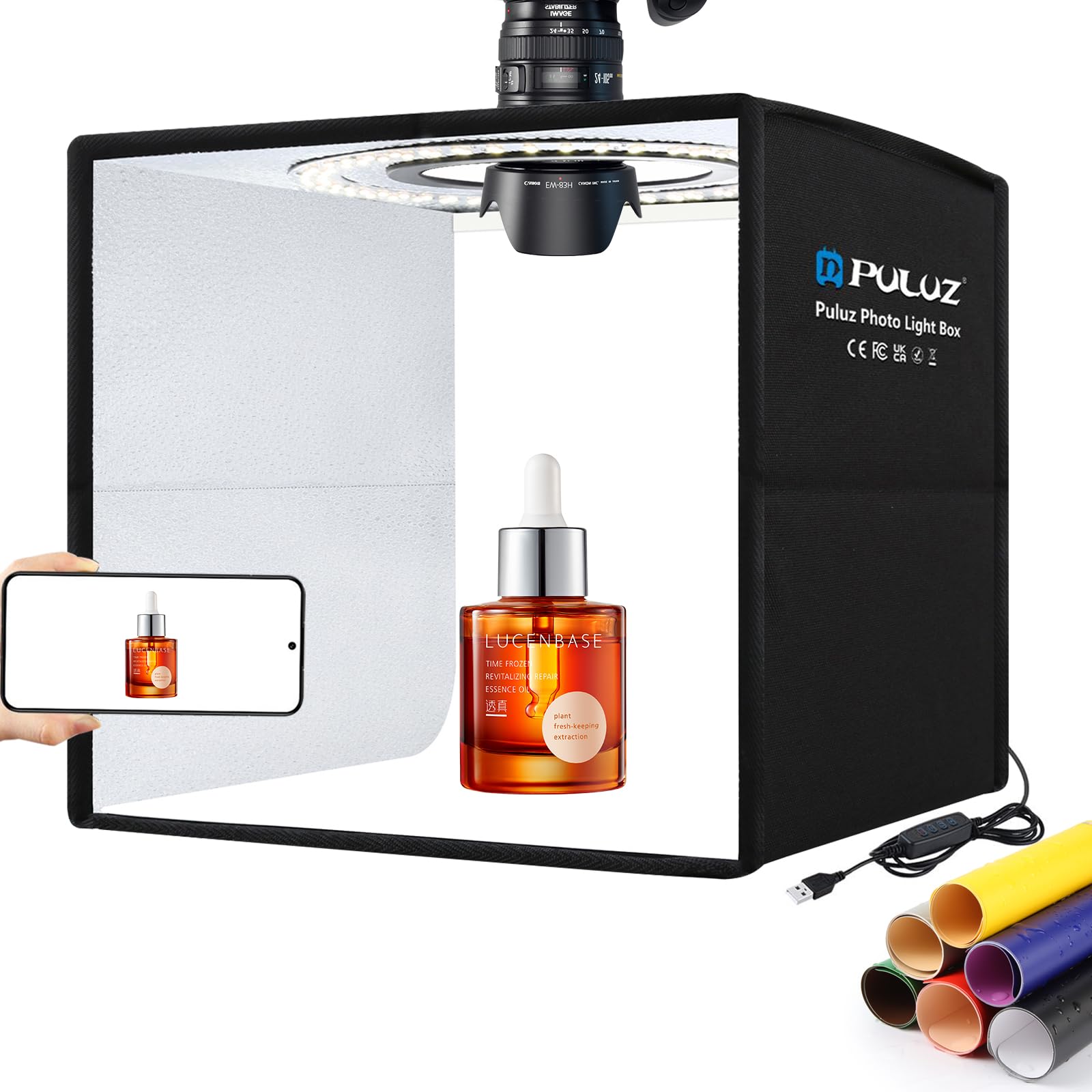 PULUZ 10x10 inch Mini Photo Studio Light Box, Portable Folding Photography Light Tent Kit with CRI >95 104pcs LED Dimmable Light & 6 Sheets of 12 Colors Backgrounds for Small Size Products