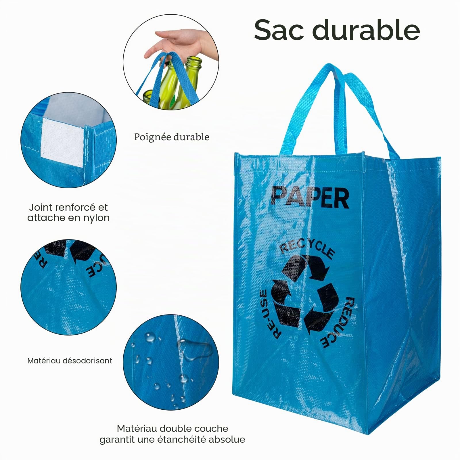 Sacs de Tri Selectif Lot de 3 Poubelle Tri Selectif 3 Bacs pour le verre, le papier et le plastique,Poubelle de Tri pour Déchets et Recyclage de Grande Capacité 40L pour Extérieur/Intérieu