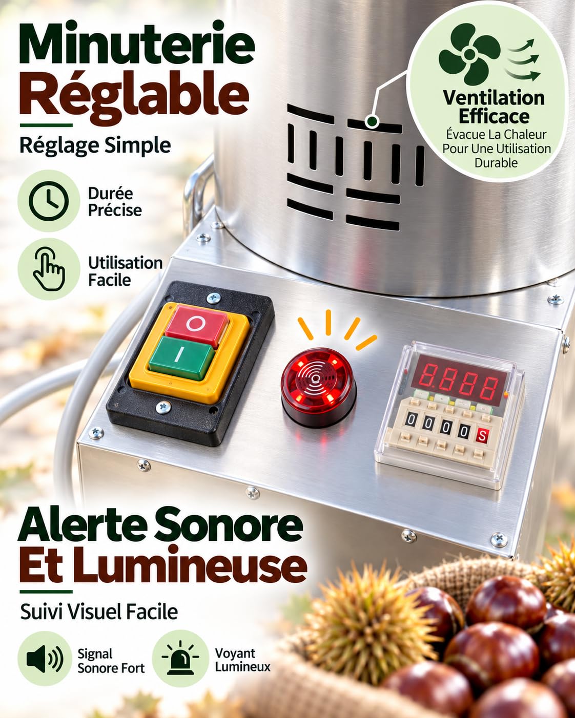 Machine À Éplucher Les Châtaignes Électrique 550W,Éplucheuse De Châtaignes Pro,Minuterie Réglable,Acier Inoxydable,Pour Adapter Le Rythme De Travail Aux Petites,Moyennes Ou Grandes Quantités 18blades