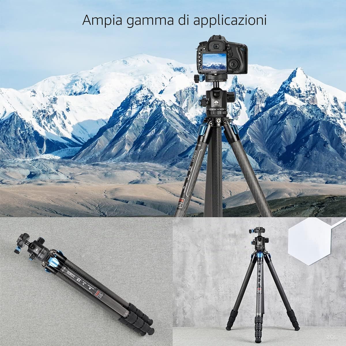 SIRUI ST-124+ST-10X Treppiede impermeabile per fotocamere in carbonio con testa a sfera a 360°, treppiede da viaggio professionale in fibra di carbonio, colonna centrale a triangolo, max 166 cm, 12 kg