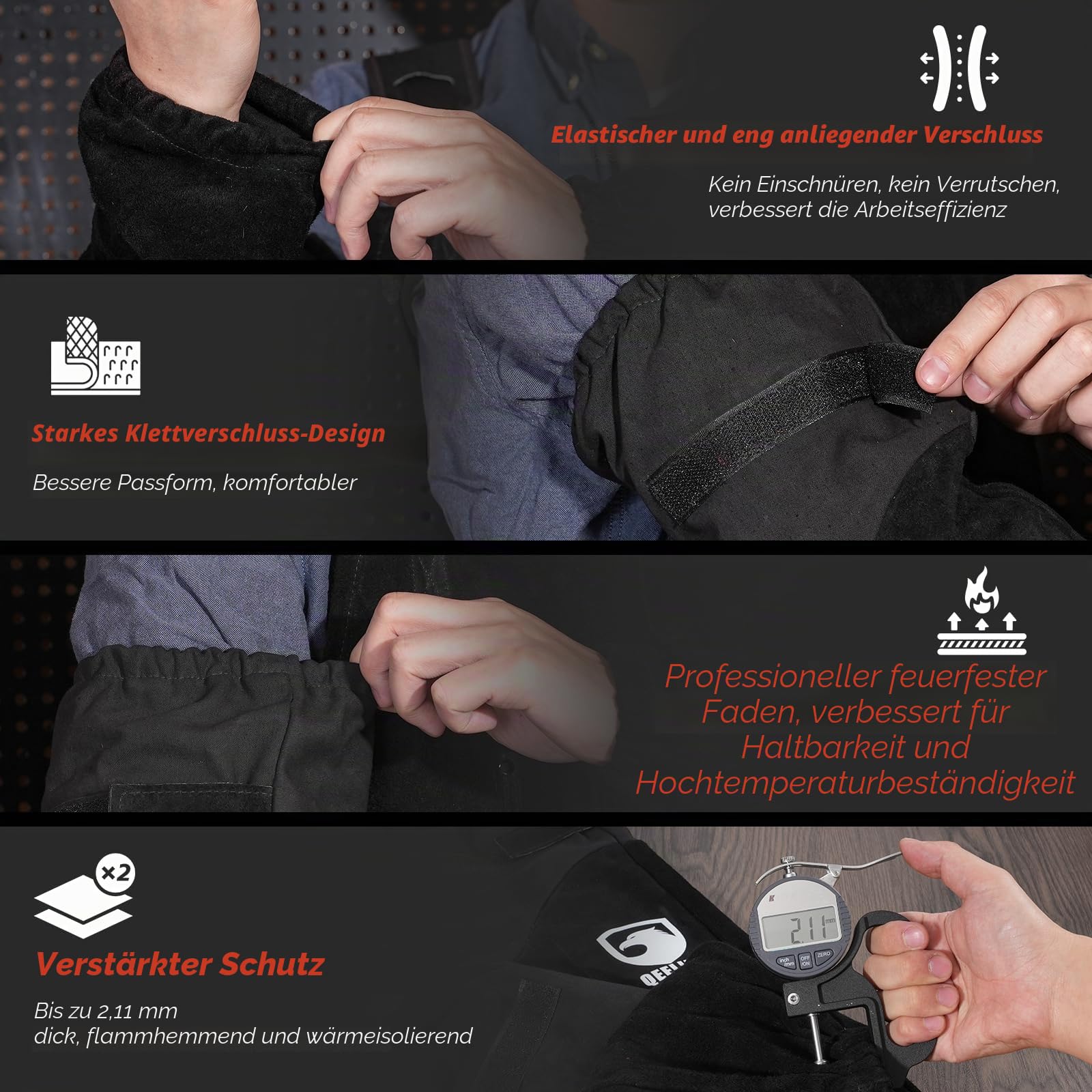 QeeLink Schweißer Ärmel aus Leder für Männer und Frauen - Hitzebeständiger, Flammenbeständiger Schweißerstulpen Genäht aus Kevlar mit Baumwollfutter (Mittelgroß, Schwarz)