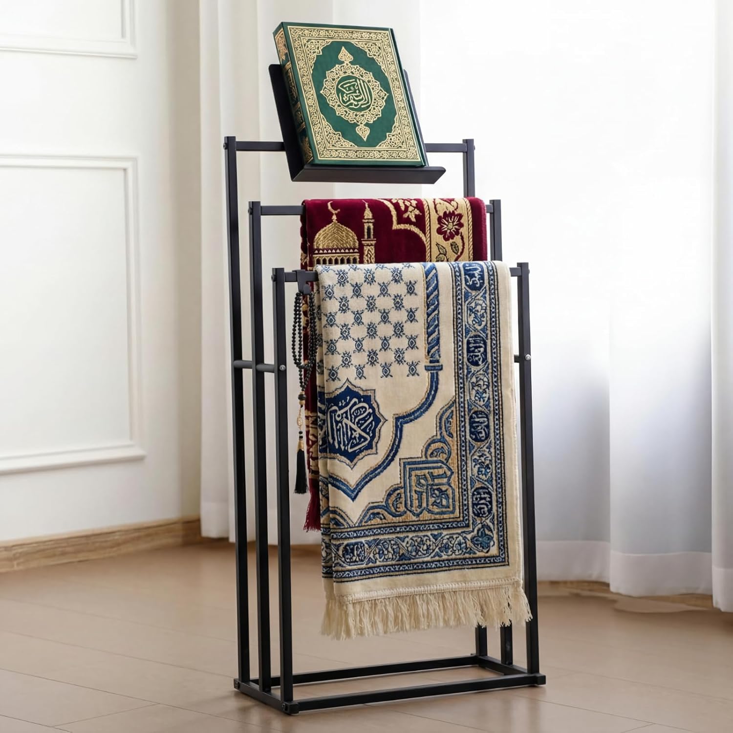Novabright 34 in Islamic Quran and Prayer Stand Holder Muslim Metal Prayer Quran Mat Rug Holder 3 Tier Stepped Modern Islamic Decorative Rug Organizer Eid Al-adha Gift Standing Towel Rack Bathroom