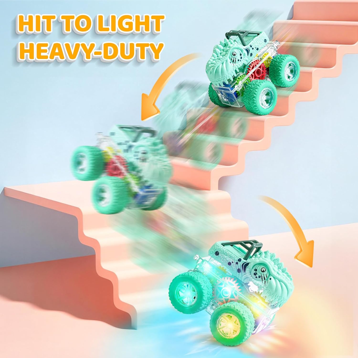 Beestech Light Up Dinosaur Toys for Toddlers 2-4, Monster Truck Toys for Kids 3-5, Push and Go Dinosaur Cars Toys for 2 3 4 5 6 Years Old Boys, Birthday for Boys Preschoolers