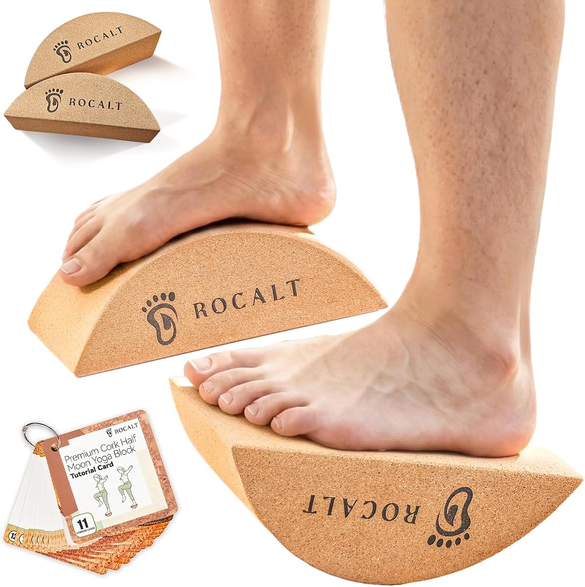 Bloques de yoga de corcho, herramienta de estiramiento de pies y pantorrillas en forma de media luna | Corcho de alta densidad, forma ergonómica curva, 9,5 x 3,5 x 4 pulgadas, para arcos, tobillos, Pilates y viajes.