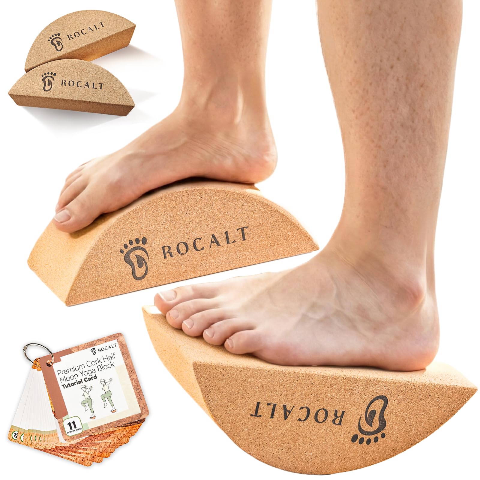 Rocalt Kork-Yoga-Blöcke, Halbmond-Dehnungswerkzeug für Fuß und Wade | Trainings-Guide-Karte, gebogene ergonomische Form, 24,1 x 8,9 x 10,2 cm, für Bögen, Knöchel, Pilates und Reisen
