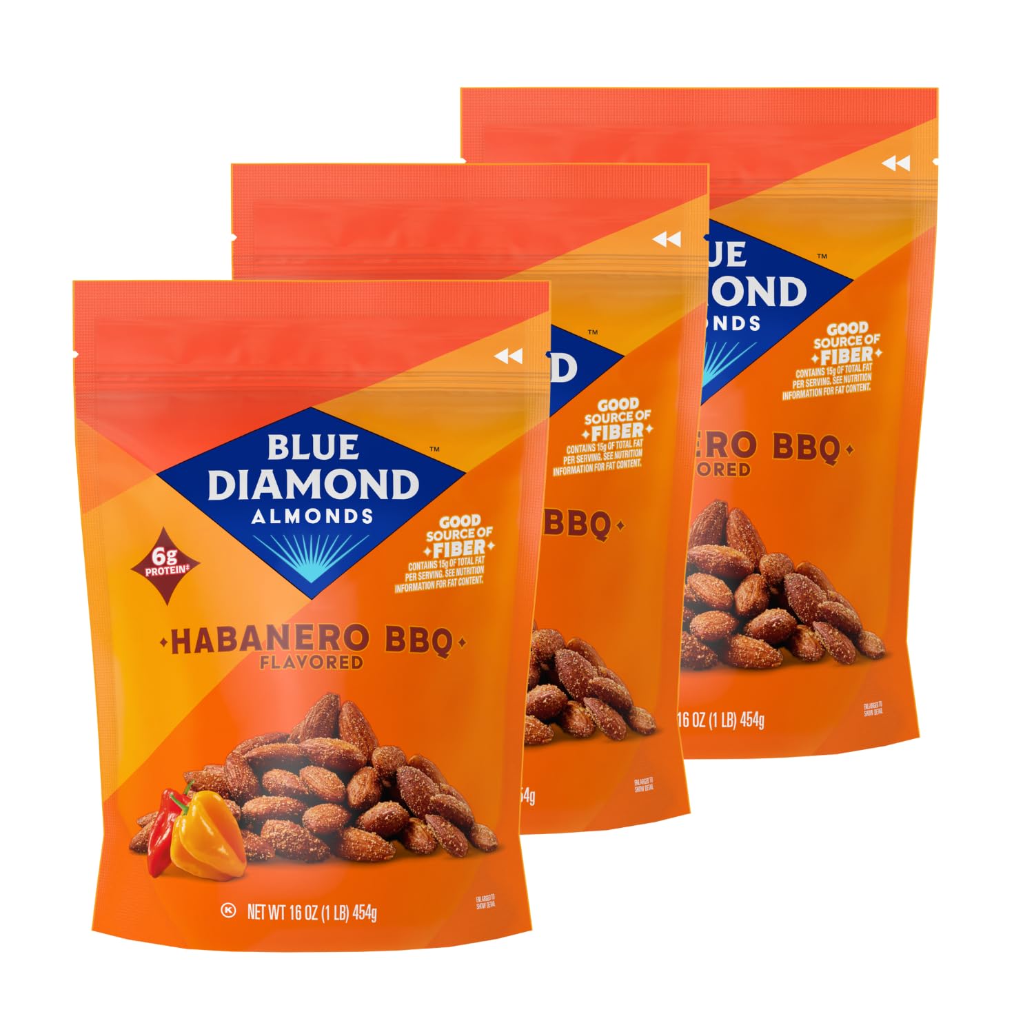 Blue Diamond Gluten Free Almonds, Bold Habanero BBQ, 16 Ounce (Pack of 3)