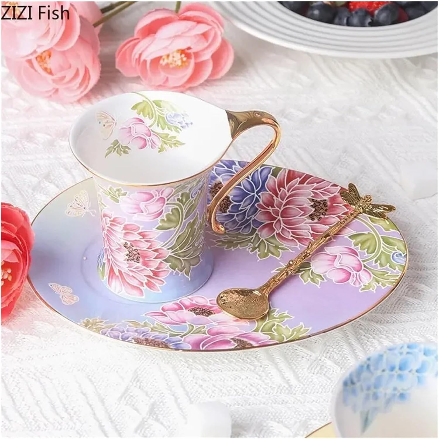 Ceramic Mug Saucer Retro Afternoon Tea Coffee Cup Sets Couple Set Home Creative Drinkware Mugs Suitable for tea party decorations and afternoon t(Color: A)