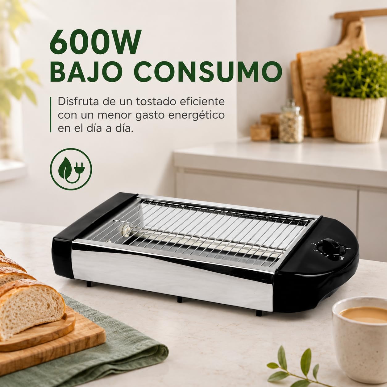Tostadora de Pan Horizontal 600 W, 2 Resistencias de Cuarzo y 6 Niveles