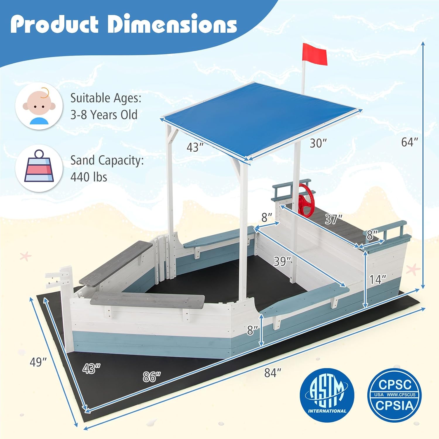 Ship Sandbox with Canopy, Solid Wood Sand Pit w/Flag, Rudder, Bench Seats & Storage Compartments for Playground, Backyard & Beach, Child Sand Box for Kids 3-8