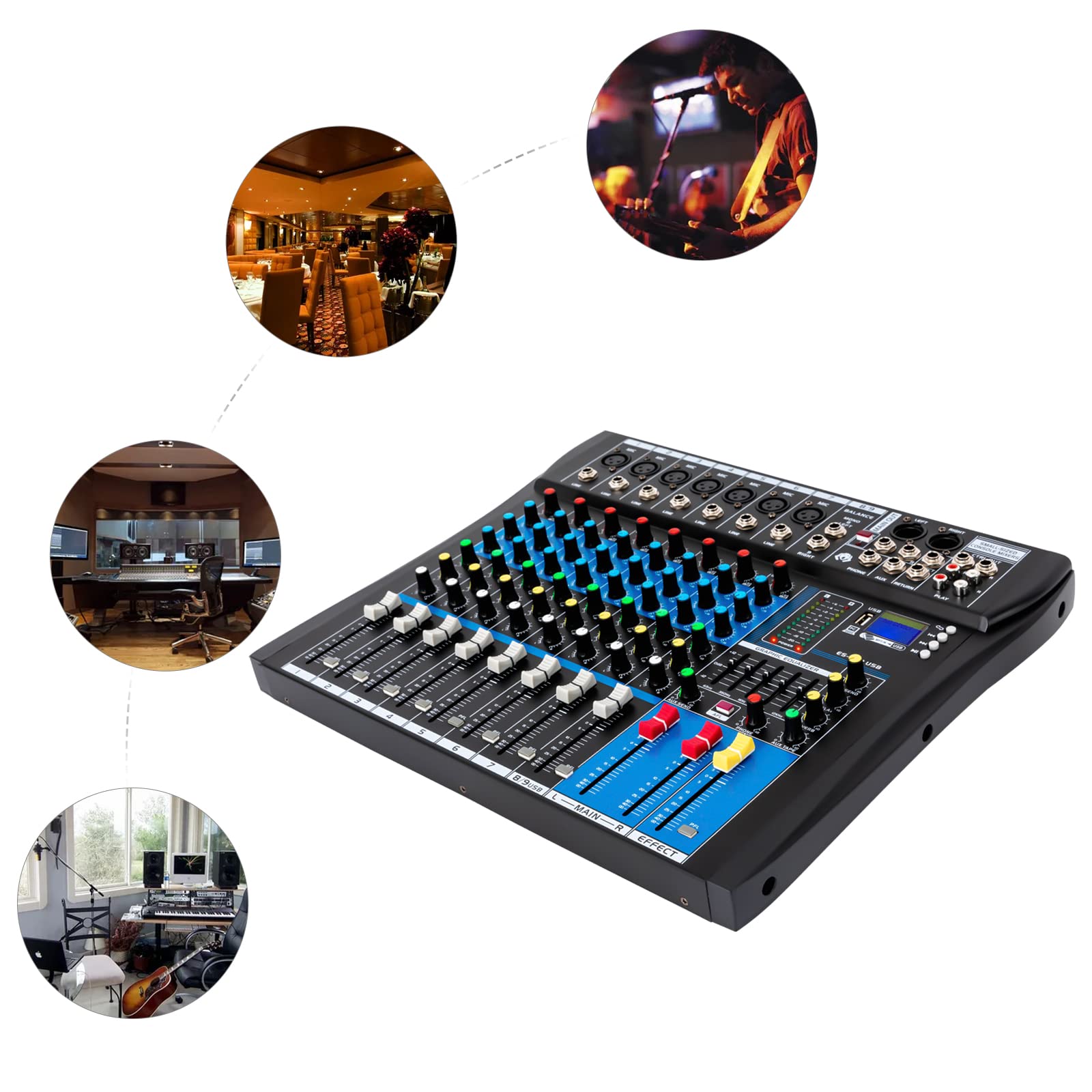 Mixer Live Mixer Professionale 8 Canali Stereo Sound Mixer Mixer Bluetooth USB Riproduzione del computer Alimentazione phantom USB Digital Audio Mixer Amplificatore Nero
