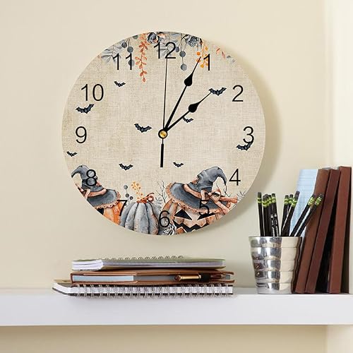 Miniatura 2 de Artwork Store Reloj de pared de 10 pulgadas silencioso sin tictac con hojas de murciélago de calabaza de Halloween, reloj de pared retro funciona