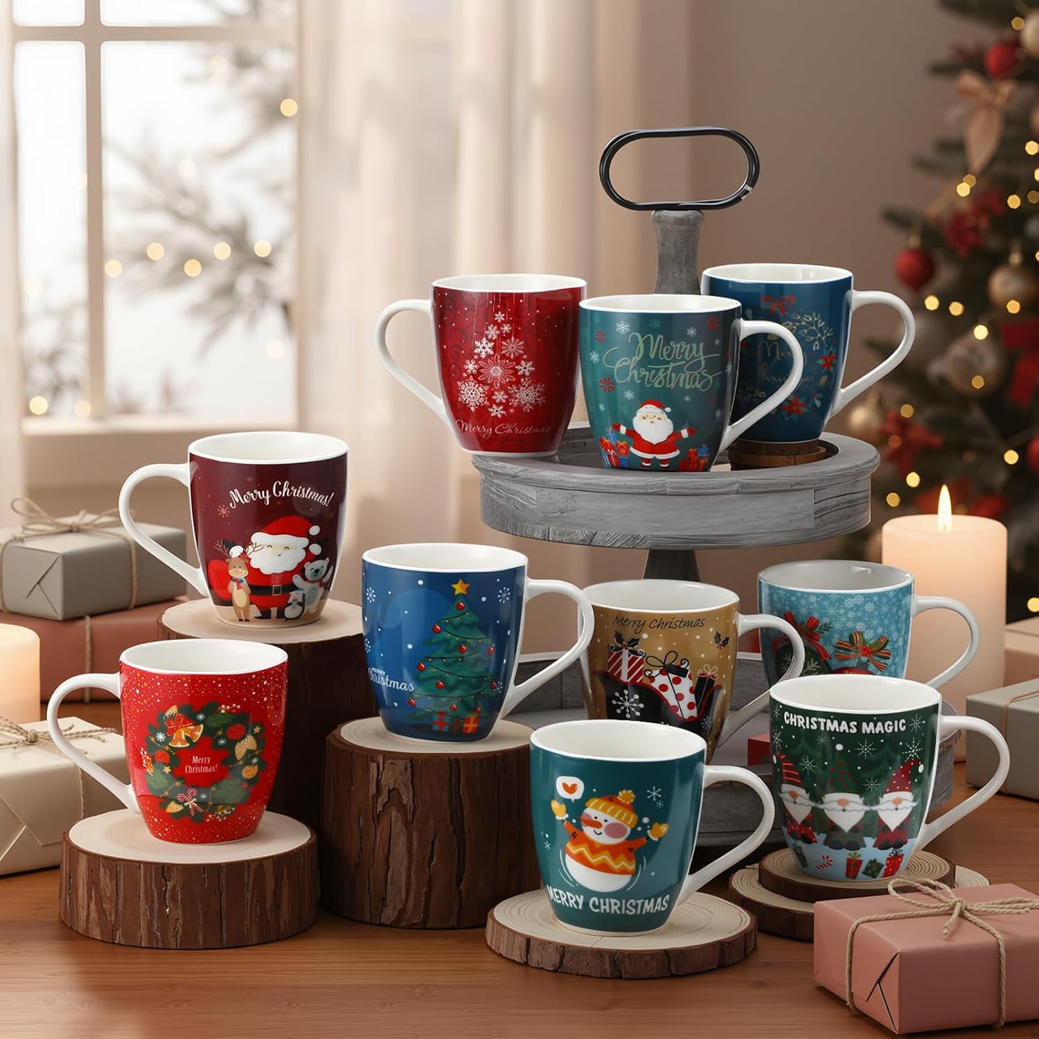 10 Pcs Large 17oz Christmas Ceramic Mugs Set Christmas Gifts Classic Vintage Holiday Coffee Cute Cups with Handle Hot Cocoa Coffee Bar Mug Bulk Xmas Party Favor for Housewarming Office