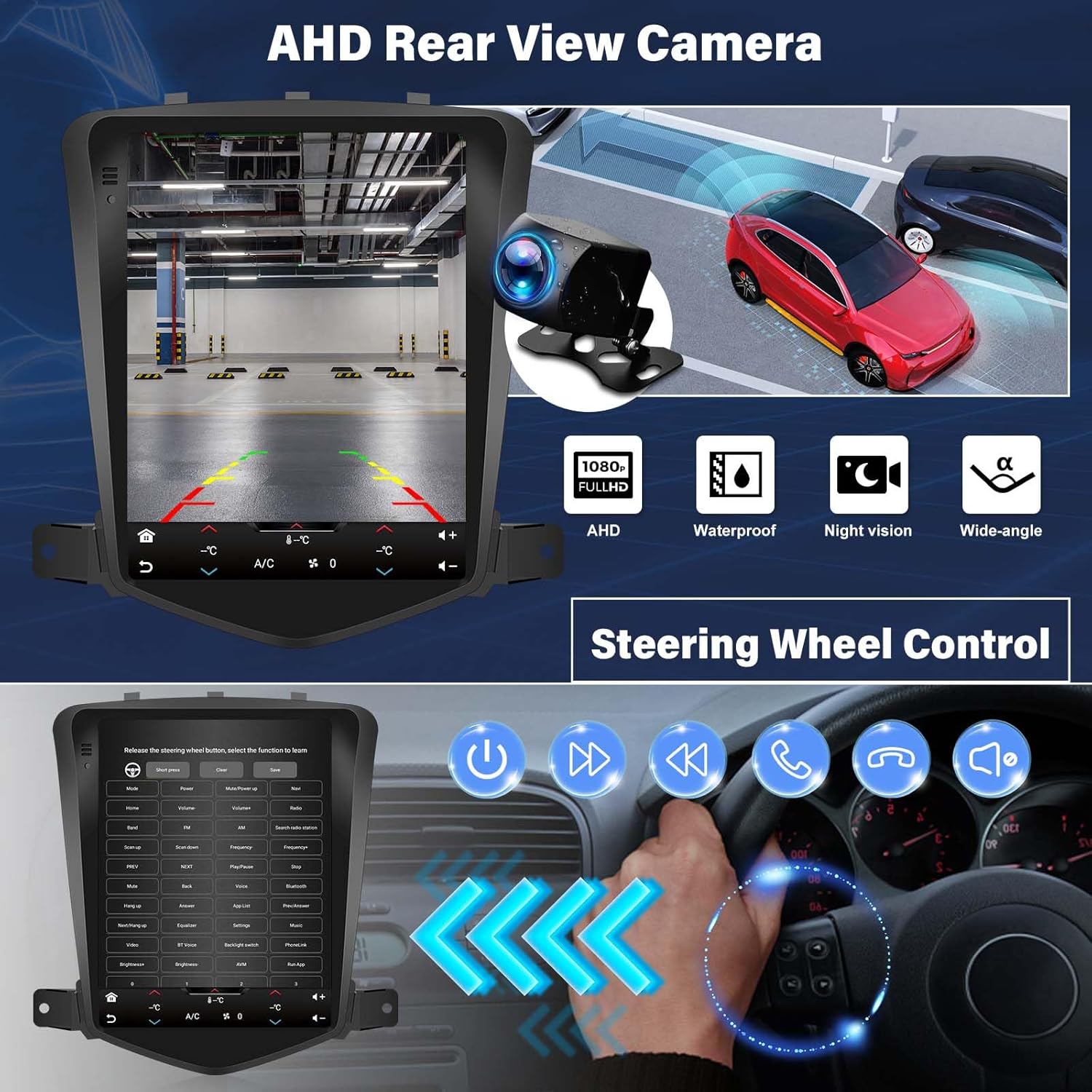 Screenshot of the car radio display showing a backup camera view and steering wheel control functions