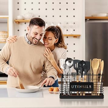 THYGIFTREE Large Utensil Holder for Kitchen Counter Black Metal Cooking Utensil Organizer for Countertop 3 Compartments Kitchen Tools Holder for Spatula Utensil Crock Caddy