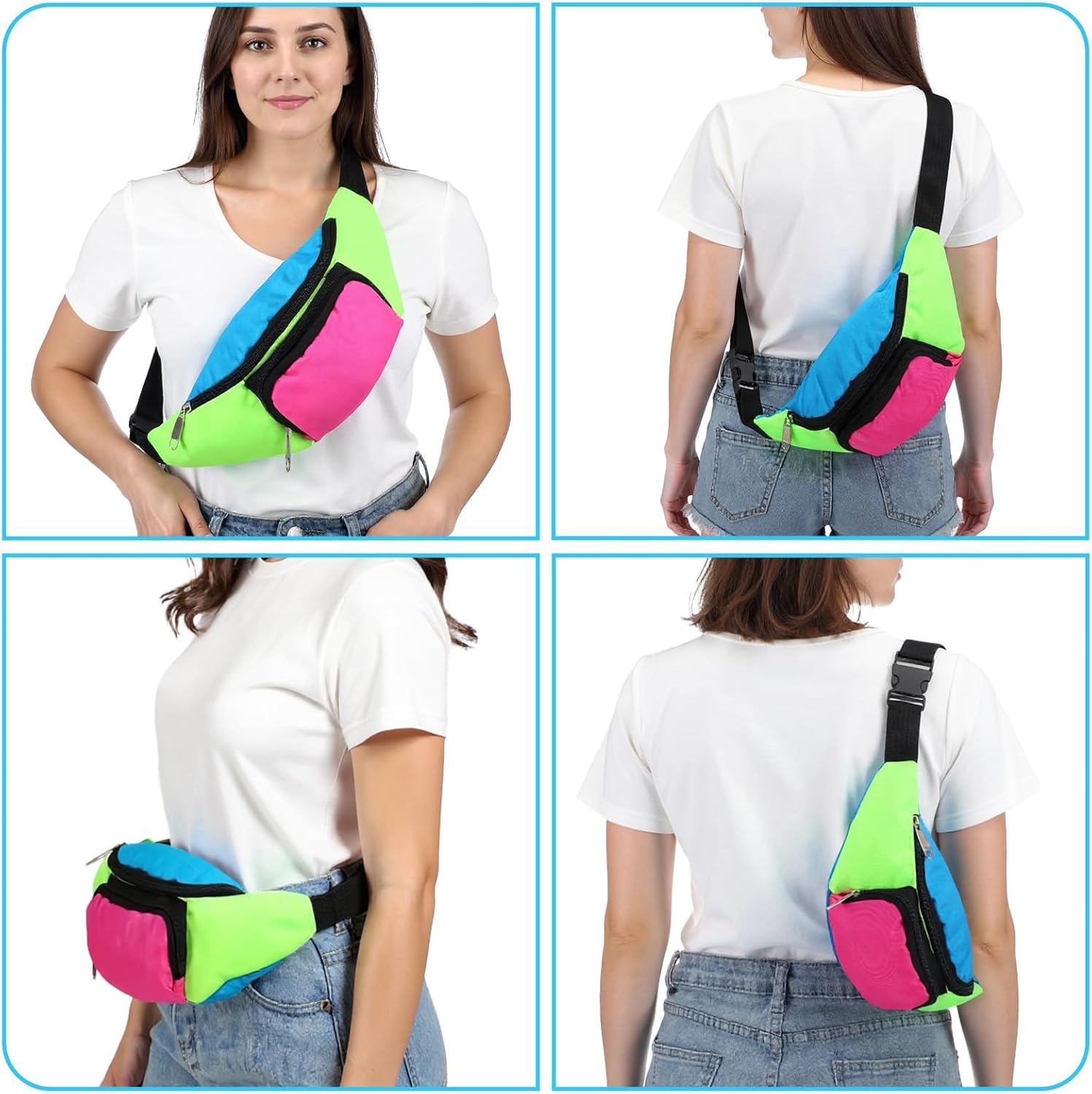 8 PCS Neon Fanny Pack, 2 Pockets Retro Belt Bag 80s 90s Vintage Waist Packs Adjustable Oxford Cloth Waist Bags for Women Men Traveling Jogging Halloween Party Holiday Festival Costumes - Image 6