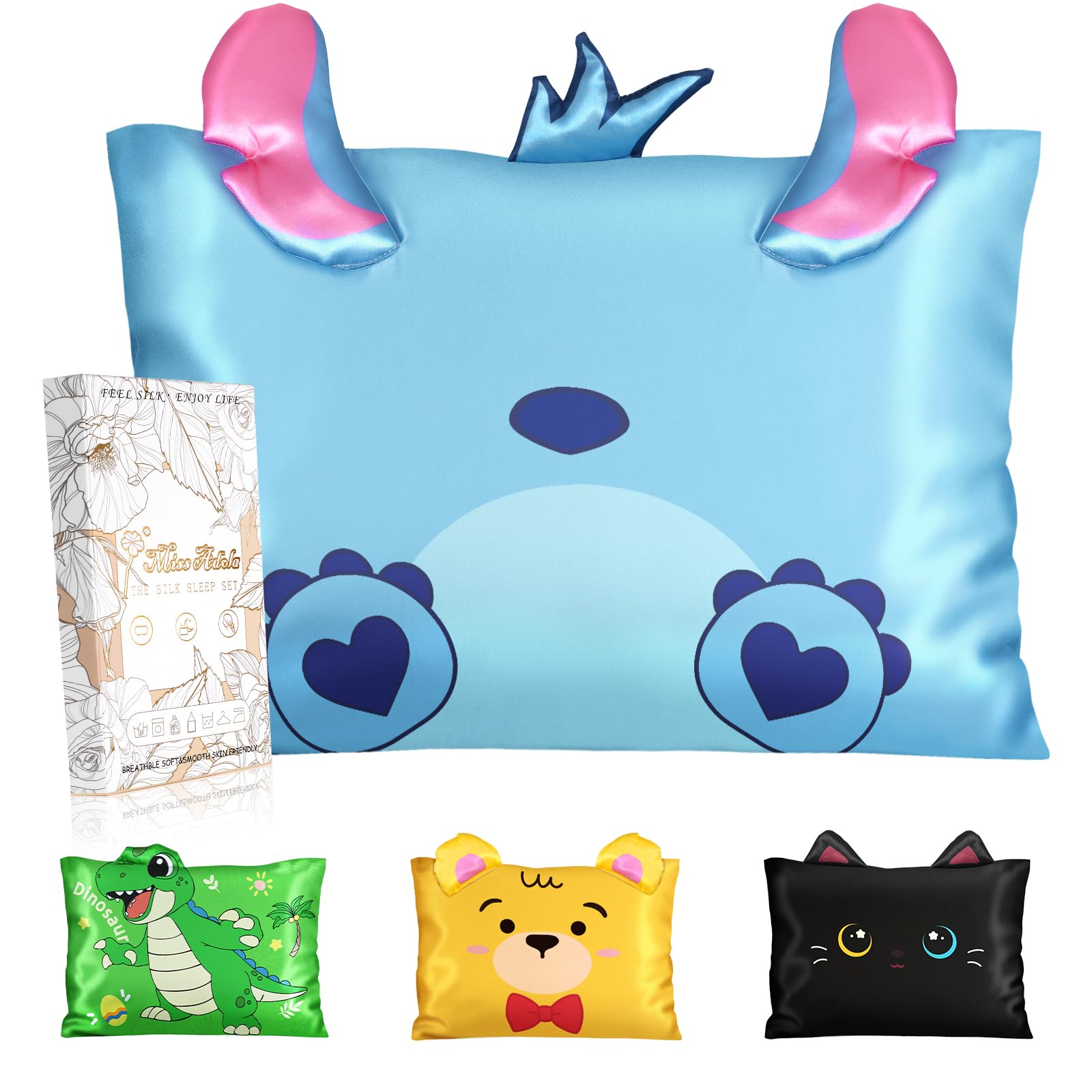 Miss Adola 1 Pack Toddler Pillowcases 13"x18" for Kids - Cute Cartoon Soft Breathable Silk Pillow Cases for Hair and Skin with Hidden Zipper for Girls Fun Kawaii Design for Bedding, Heart Blue