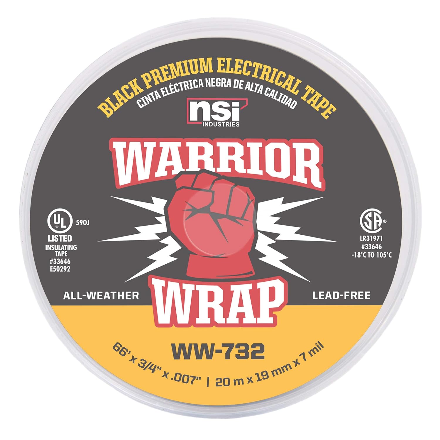 WarriorWrap Premium 3/4 in. x 66 ft. 7 mil Vinyl Electrical Tape, Black