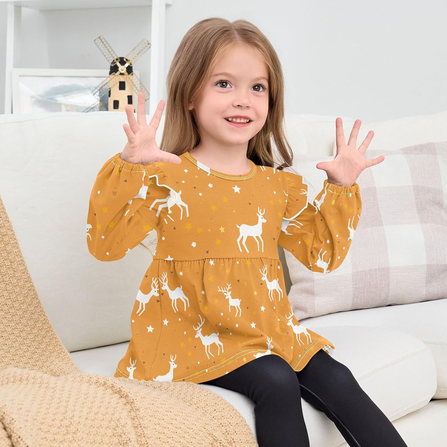 visesunny Toddler Clothes for Girls Orange White Deer Design Long Sleeve Fall Shirts Cotton Top with Ruffle Collar