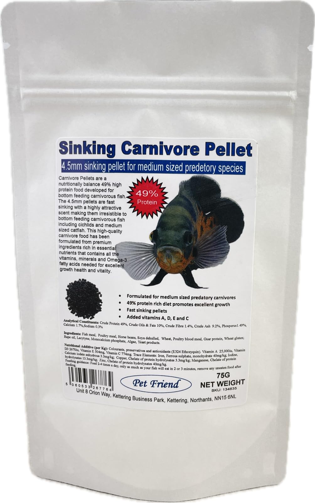 Pet Friend Sinking Carnivore Pellets Aquarium Tropical Fish Food For Bottom Feeding Catfish & Cichlids 4.5mm Medium 75g Pouch