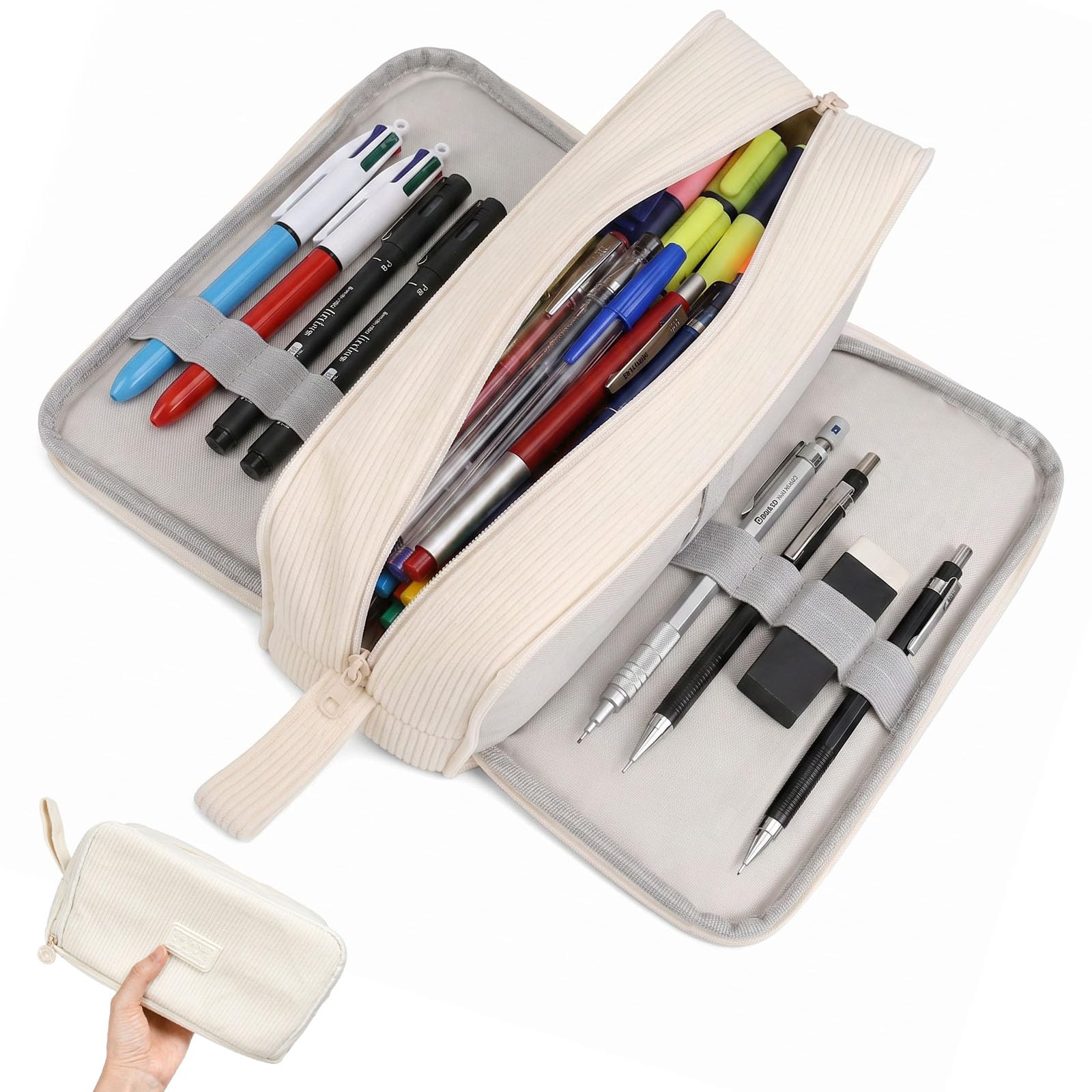 Linzerry Federmäppchen Cord Federtaschen Beige 3 Fächer Federmappe Erwachsene Große Kapazität mit 15 Stifthaltern, 2 Netztaschen Stifteetui Mäppchen Schulmäppchen Pencil Case für Schule Büro