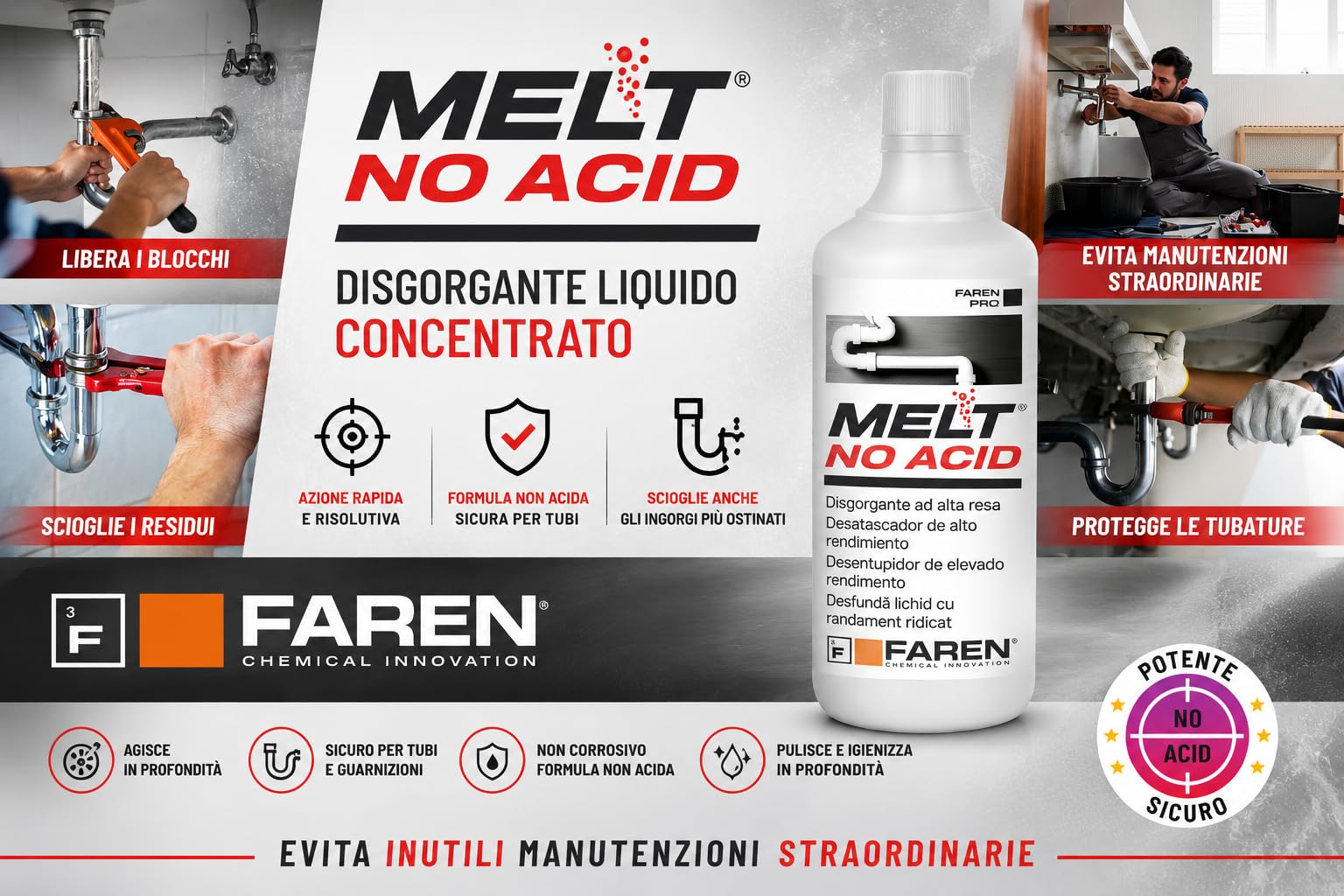 Faren Melt - Desatascador líquido concentrado, fórmula concentrada, no a base de ácido, fácil y rápido, seguro, 1 litro (12 unidades)