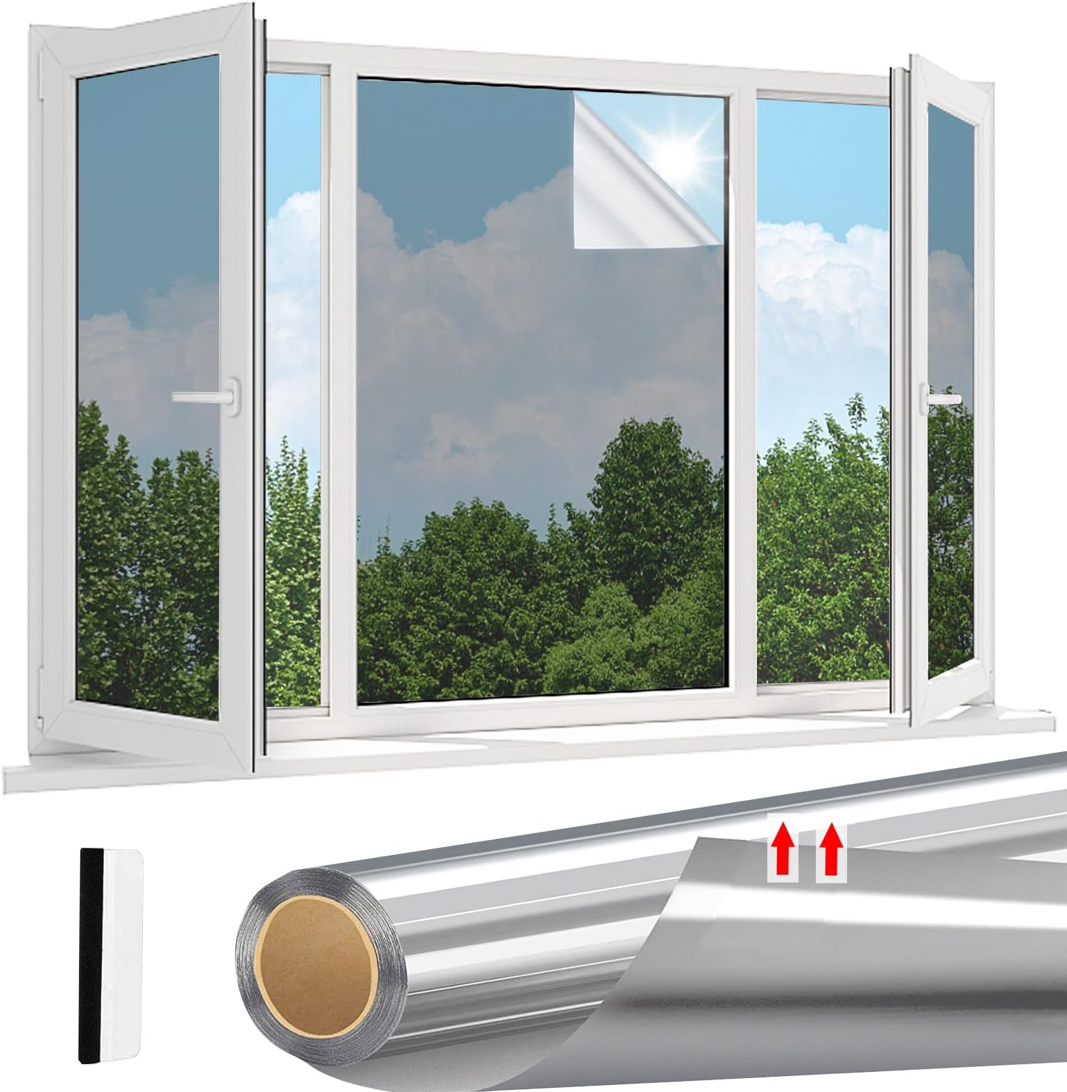One Way Window Film Privacy Reflective Privacy Film for Glass Windows Daytime Anti Glare Mirror Tint Sun Blocker for Home Office,Silver 30 * 200 cm