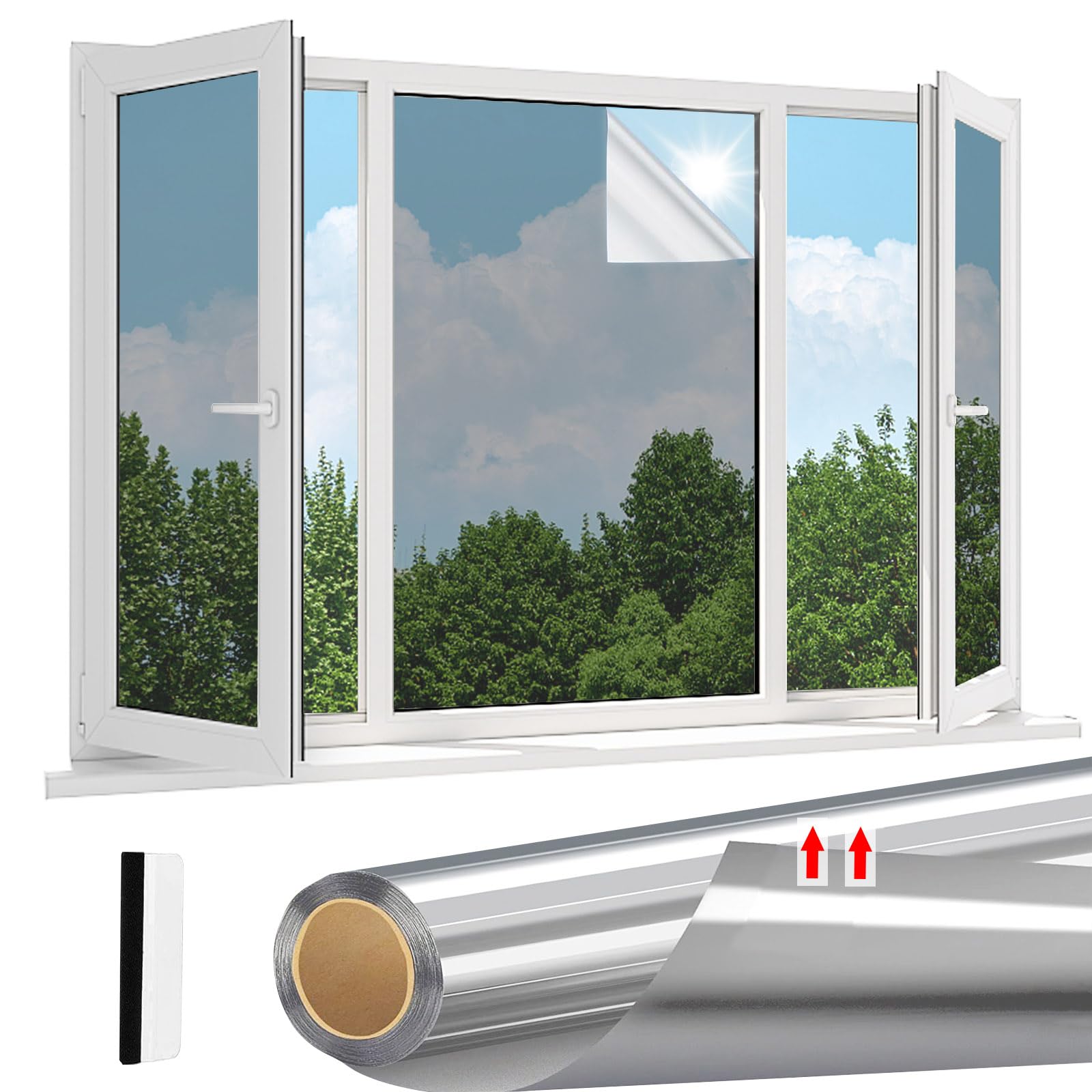 One Way Window Film Privacy Reflective Privacy Film for Glass Windows Daytime Anti Glare Mirror Tint Sun Blocker for Home Office,Silver 30 * 200 cm