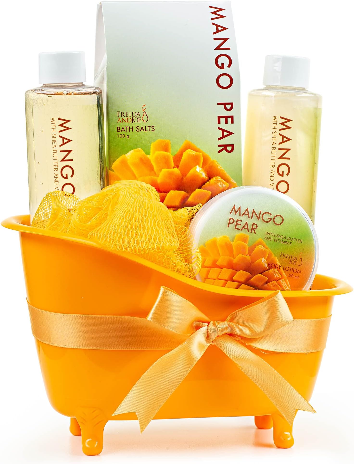 Tropical Mango Pear Fragrance Spa Set for Women - Bath & Body Set in Stylish Orange Tub - Gift Ready with Shower Gel, Body Lotion, Bubble Bath, Bath Salts, and Bath Puff – Mother's