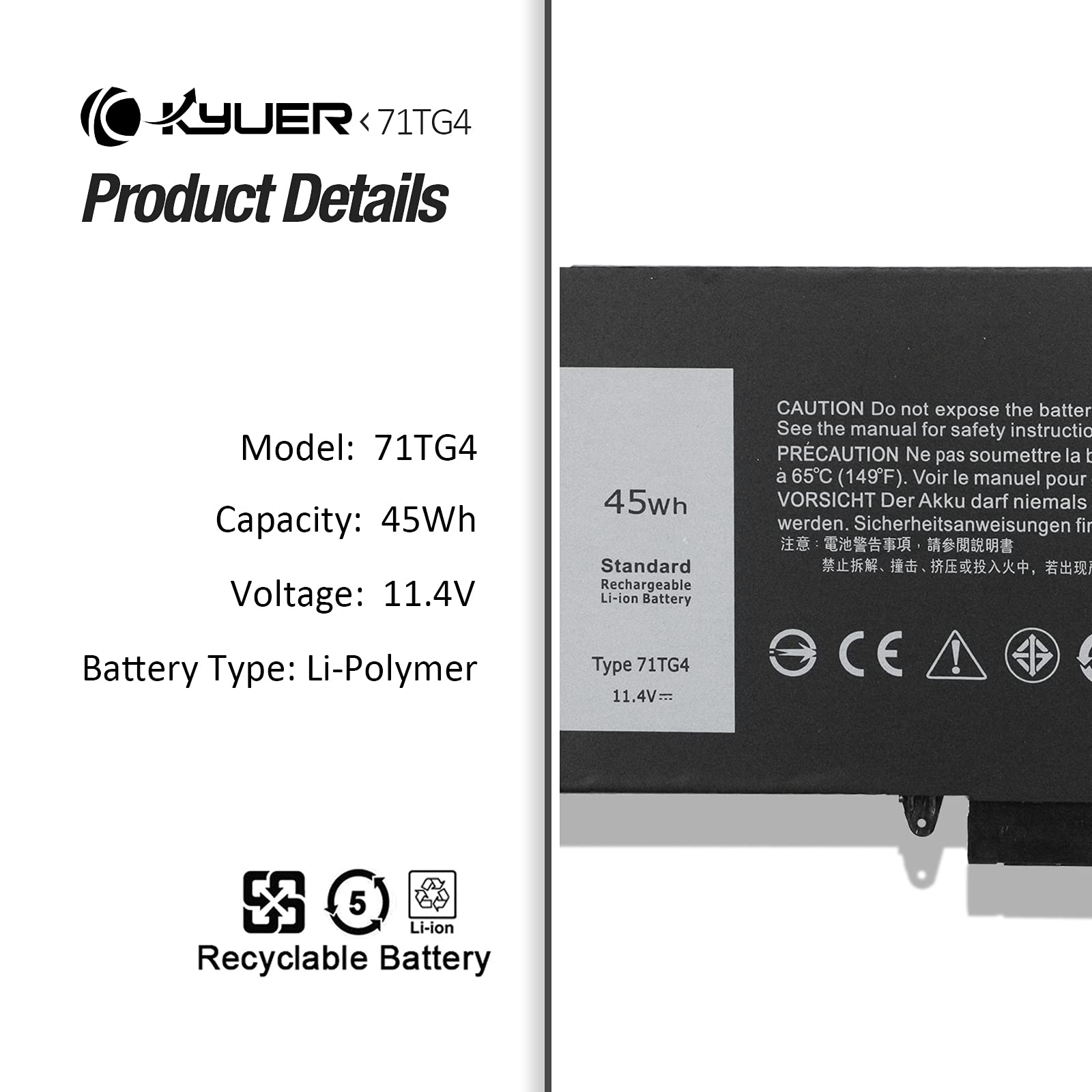 K KYUER 45Wh 71TG4 Laptop Bateria do Dell Latitude 12 5000 5289 13 7000 7389 7390 13" 13.3" P29S001 P29S002 2-in-1 Business Series 071TG4 K5XWW X49C1 0X49C1 725KY N18GG CFX97 3745mAh Notebook Battery