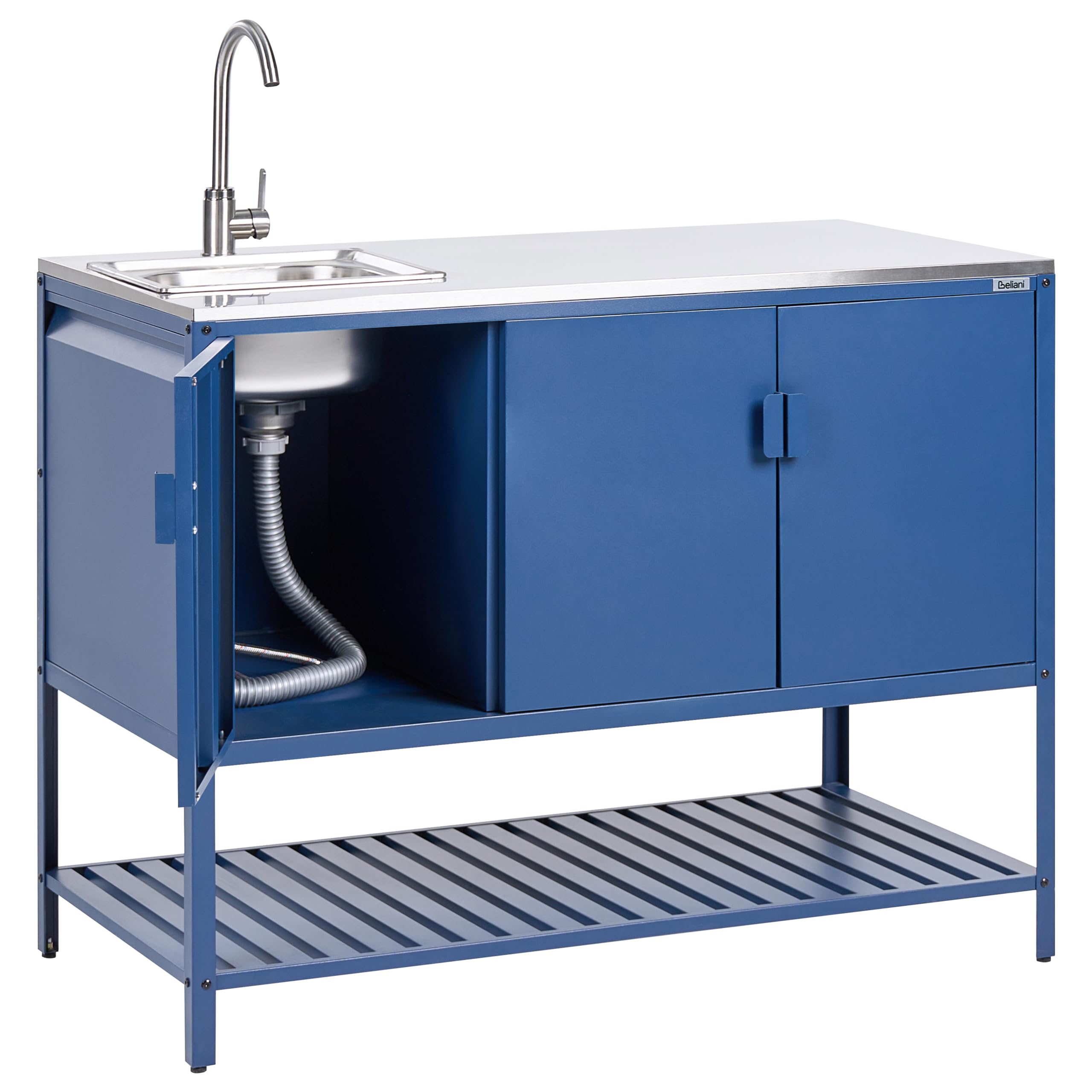 Beliani Conjunto de 2 armarios de Cocina Exterior de Acero 3 Puertas encimera de Acero Inoxidable jardín Azul con Fregadero Maenza