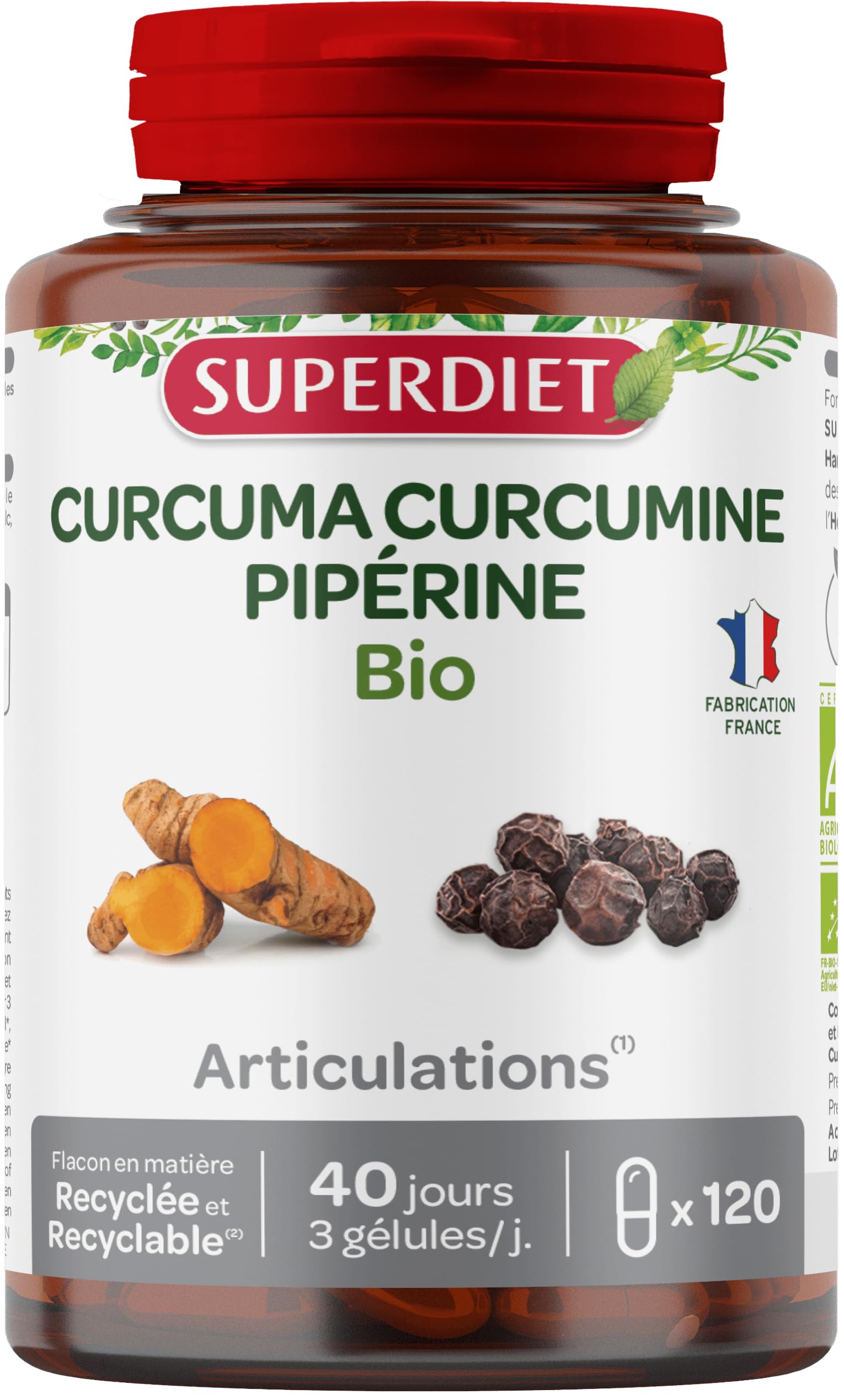 SUPERDIET - CURCUMA PIPÉRINE BIO - Articulations - Fabrication française - 120 gélules