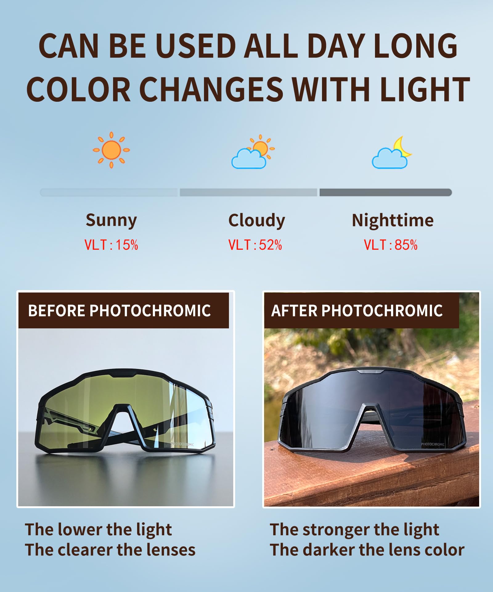 LECAGE Photochromic Cycling Glasses Night Vision Bike Sunglasses with Myopic Frames for Men Women Bicycle Riding (LQ1110-C09.)