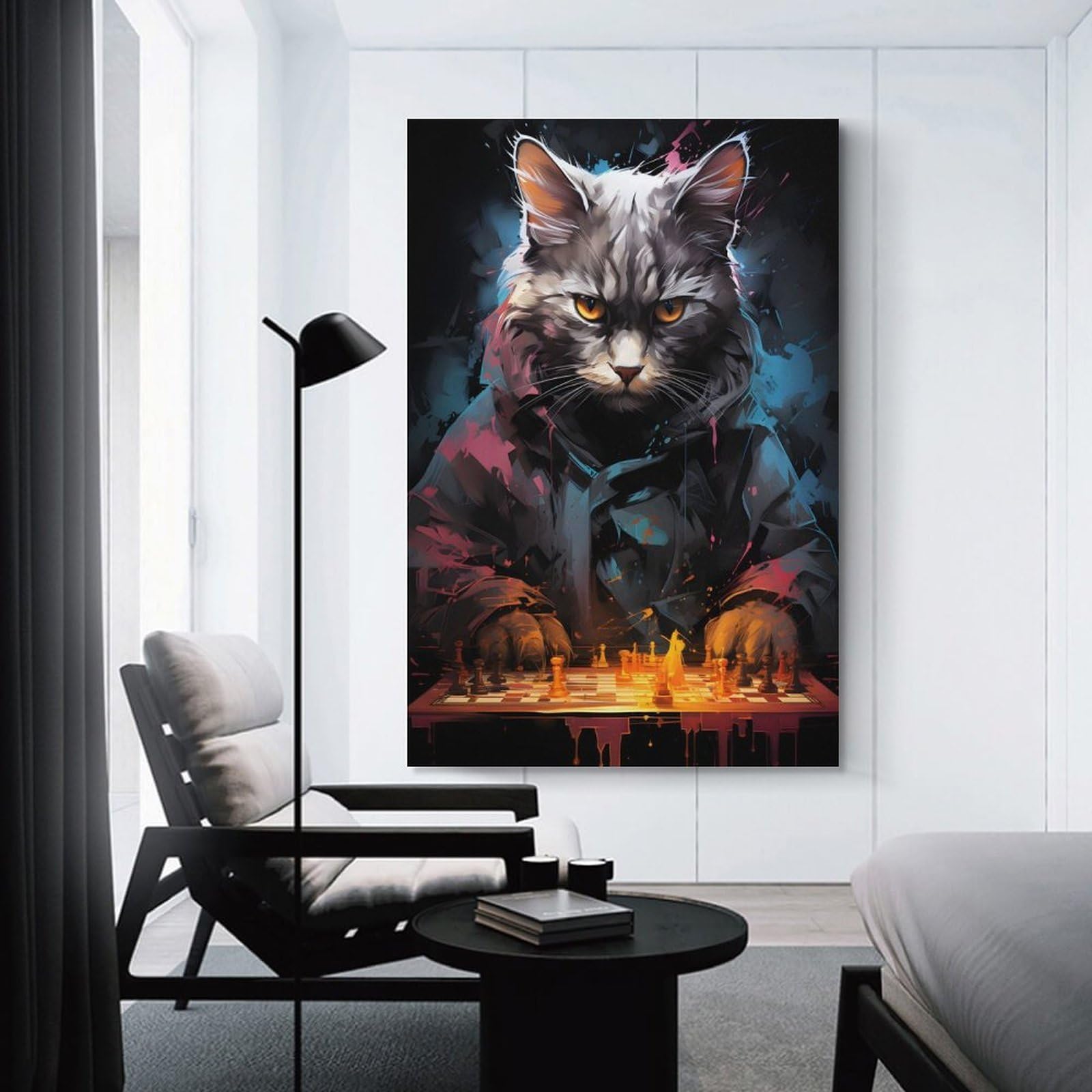 Junmoney Strategic Cat Chess Master Wall Decor Canvas Print 20x30inch(50x75cm), for Sofa Walls, Lounge Or Home Corners, Modern Wall Decor for Cosy Interiors