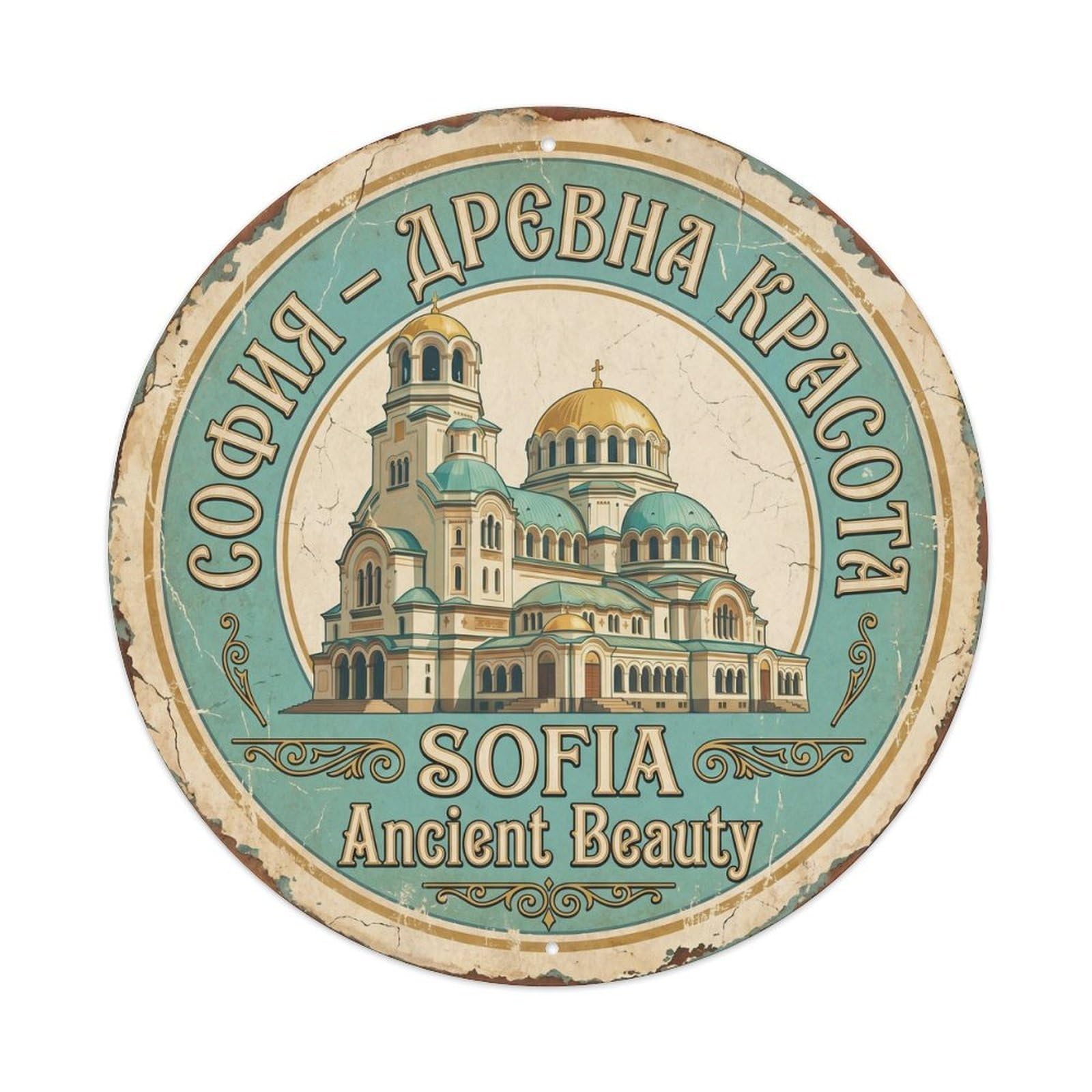 Vintage Travel Sofia Bulgaria Cathedral Metal Tin Sign Plaque Wall Decor for Cafe, Club Bar, Office, Home Garden Round Metal Poster 8x8Inch