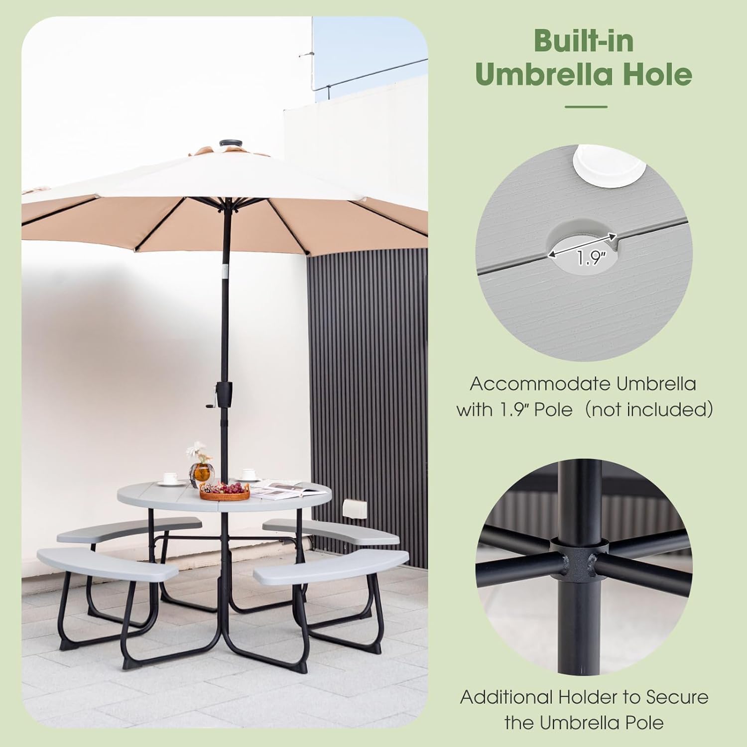 Round Picnic Table for Outdoors, 8 Person Outdoor Picnic Tables & Benches Set with Umbrella Hole, HDPE Tabletop & Metal Frame, 2000 LBS Capacity Table Bench Set for BBQ, Garden, Lawn, Patio