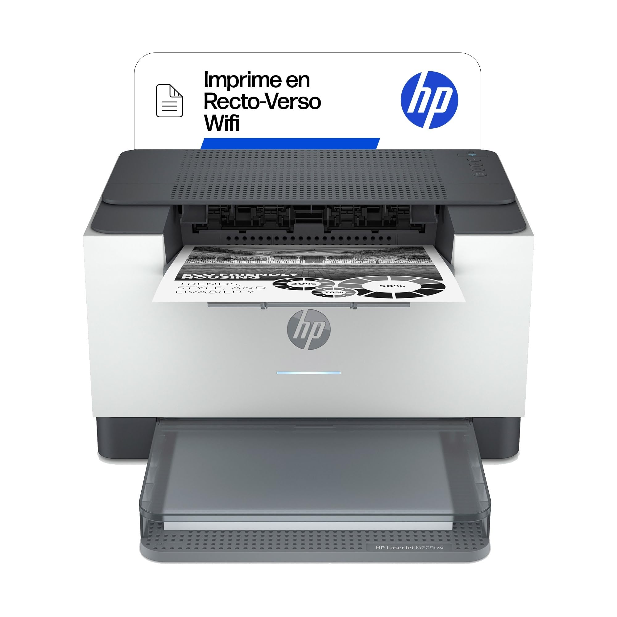 HP LaserJet M209dw, 6GW62F, Imprimante monofonction A4, Impression Recto Verso Automatique en Noir et Blanc, 29 ppm, USB, Wi-FI, Ethernet, Smart, sans fax, sans ADF, écran LCD à icônes, Grise