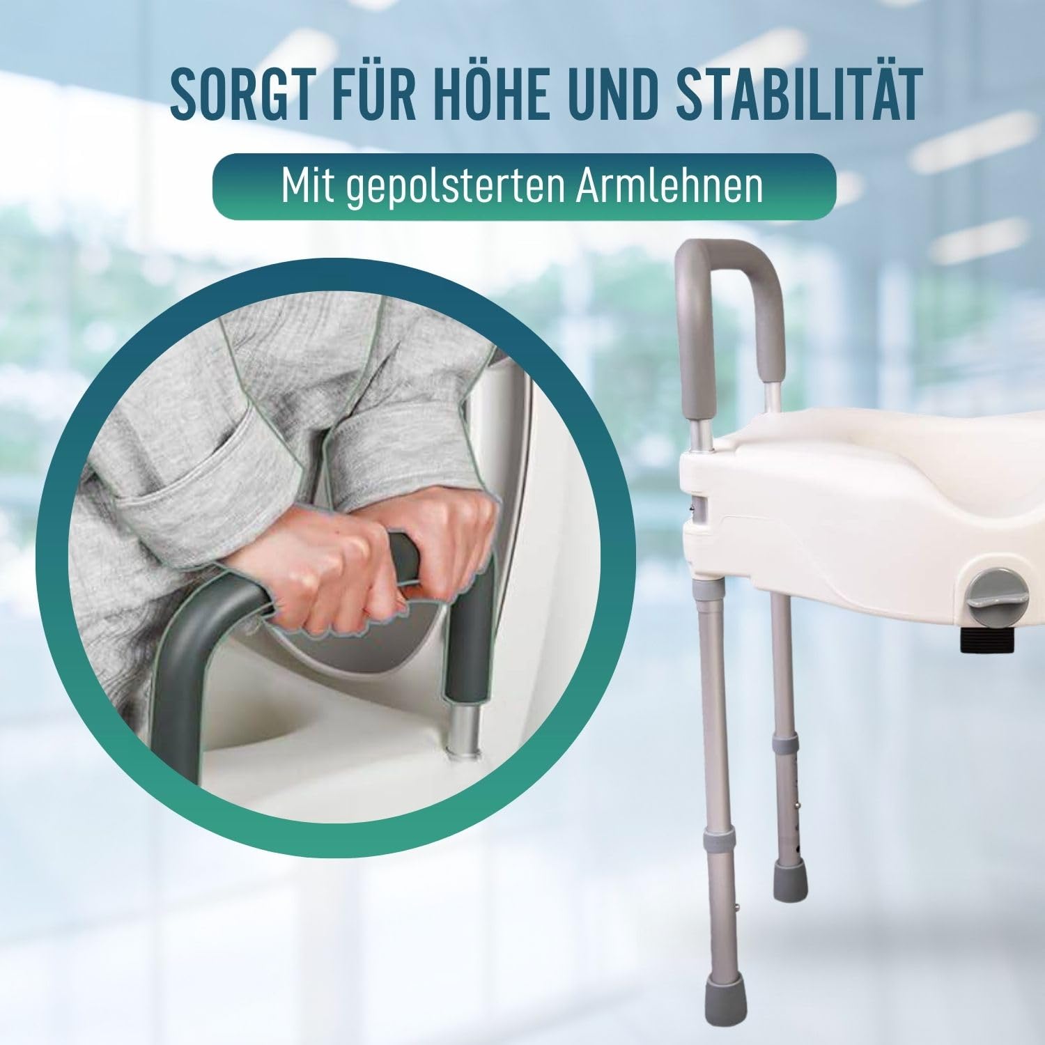 OrtoPrime WC Sitzerhöhung mit Armlehnen und verstellbaren Beinen – Toilettenerhöhung Senioren rutschfest & bequem – Universal WC Aufsatz für sicheres und Komfortables Sitzen