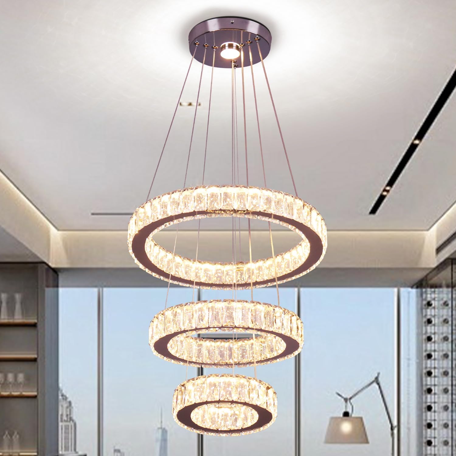 Finktonglan 3-Ring Crystal LED Chandelier, Dimmable 3000–6500K, Remote/App, Adjustable Height, 52W Integrated LED, K9 Crystal Pendant Light
