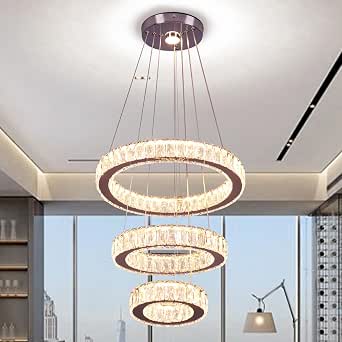 Finktonglan 3-Ring Round Dimmable Crystal LED Chandelier with Remote and App Control