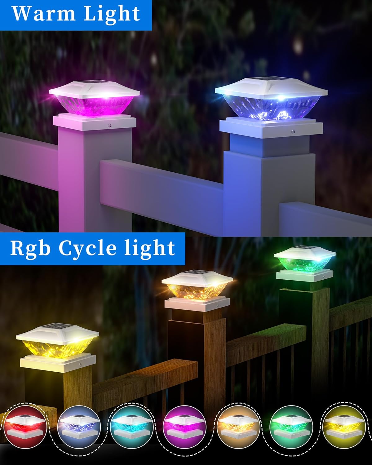 Ofuray Solar Post Cap Lights,4Pack Fence Deck Post Cap Solar Powered Lights RGB with Two Modes,Fit for 4“x4“ 5“x5 “ with 3 Bases,Ip64 Waterproof Outdoor for Fence Deck Mailbox Stairway White