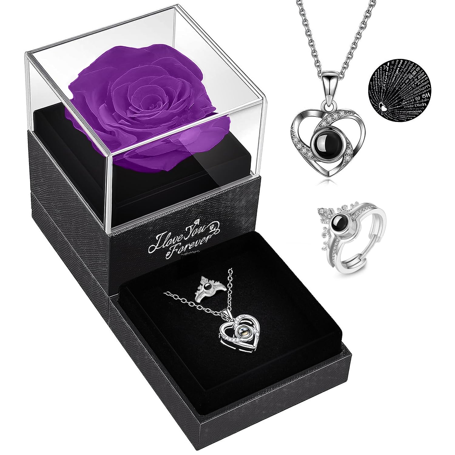 Norcalway Preserved Real Rose with Necklace & Ring - Great Loving Gifts for Mom - Flowers Gifts for Mom - I Love You in 100 Languages - Ideal Gifts