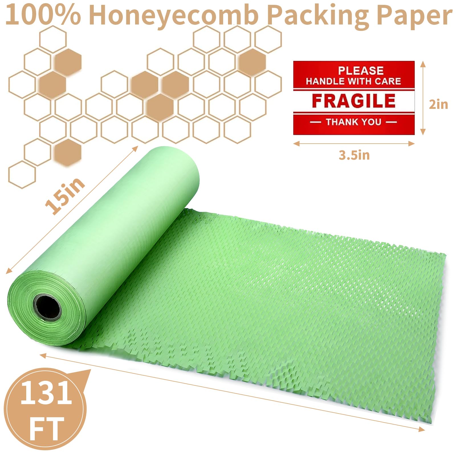 onesimcr Rouleau de papier cadeau en nid d'abeille vert 38,1 x 330,5 m, alternative durable au papier bulle pour déménagement/transport/emballage avec 20 autocollants fragiles, biodégradable et