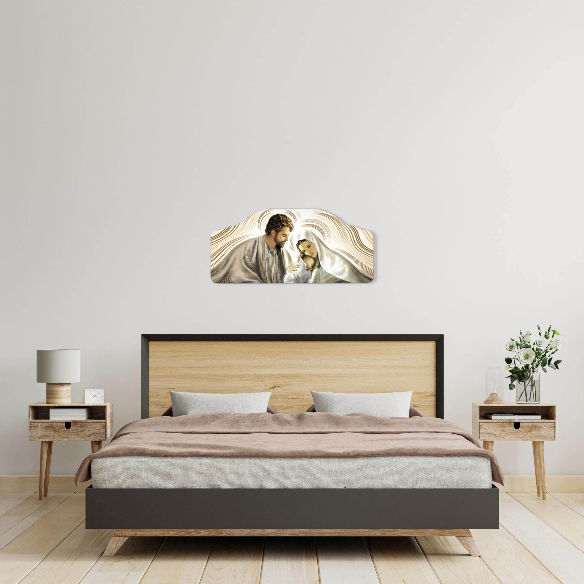 Lupia - Quadro Moderno Capezzale Nativity Brown Sacra Famiglia, Stampa su Legno, Artigianale 100% Made in Italy, Multicolore, 42 x 92 cm, Legno
