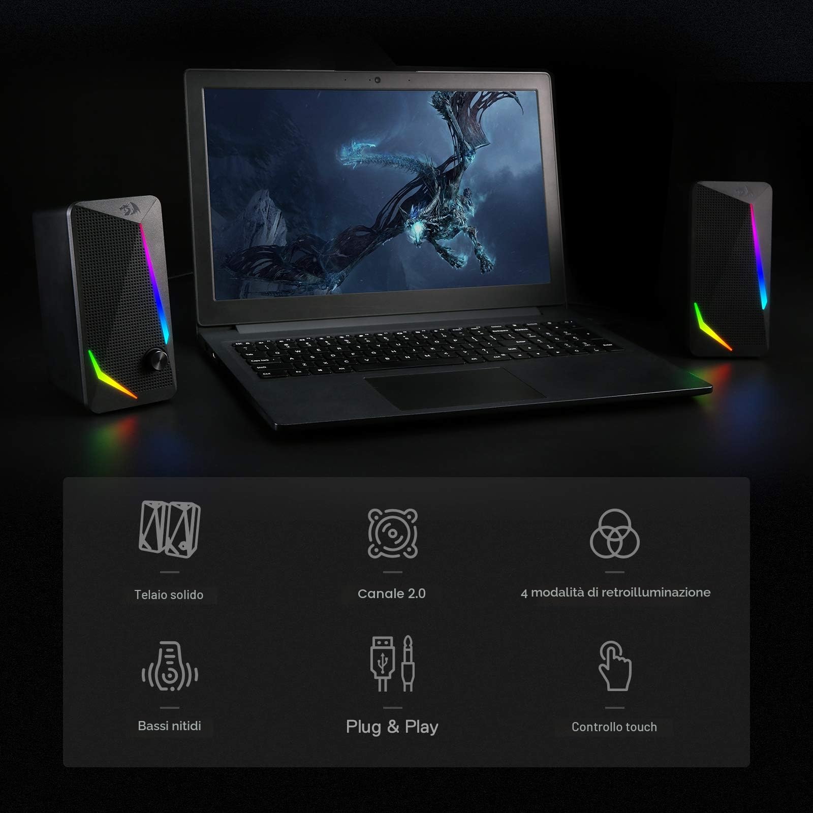 Redragon GS510 Waltz - Altoparlante da scrivania RGB a 2.0 canali stereo con retroilluminazione a LED, bassi migliorati e controllo del volume facilmente accessibile, con USB e cavo da 3,5 mm