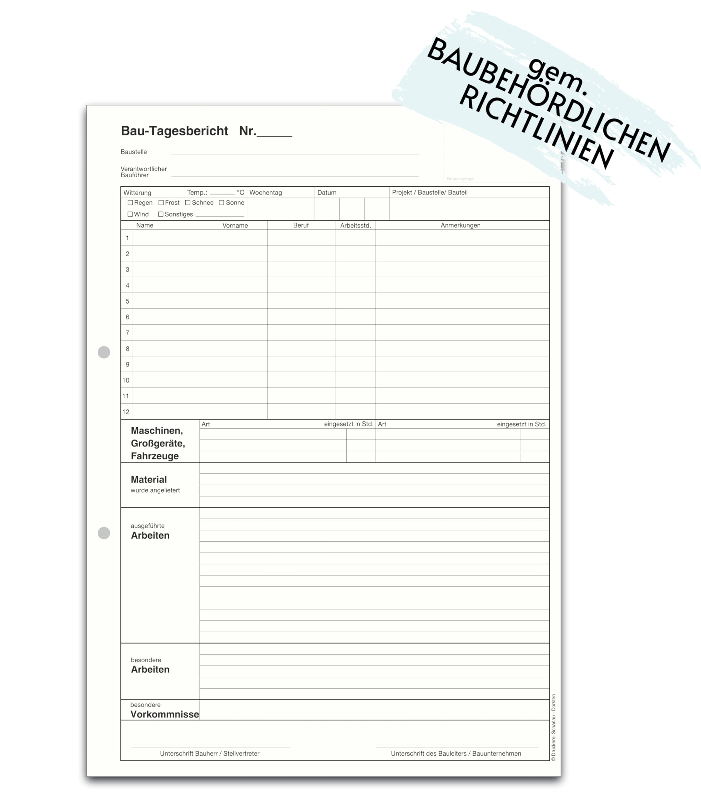 10x Bau-Tagesbericht, Baubericht Bautagebuch Regiebericht-Bau DIN A4, 3-fach selbstdurchschreibend, 3x30 Blatt weiß/grün/gelb - gelocht (22205)
