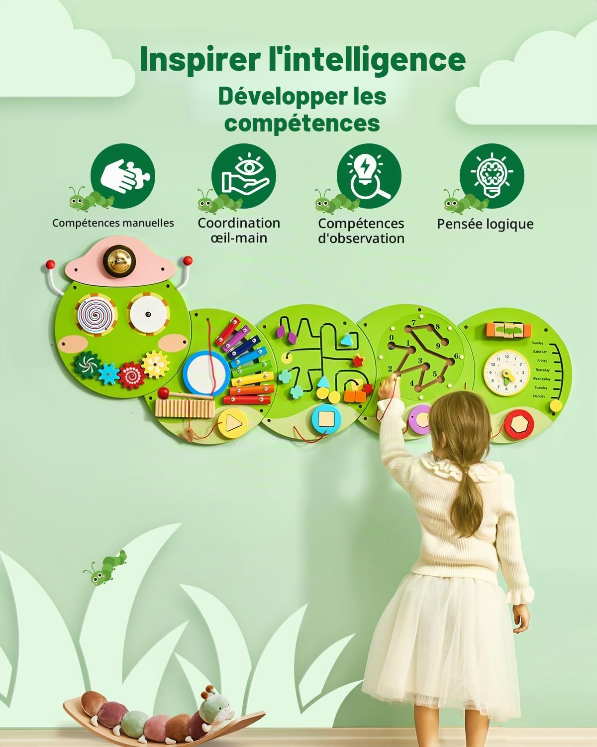 VEVOR Panneau Mural Sensoriel Chenille pour Enfants, Tableau d'Activités Montessori avec 12 Jeux, Jouet Éducatif Interactif pour Enfants de 3 à 12 Ans, Crèche, Maternelle, Garderie, Salle de Jeux