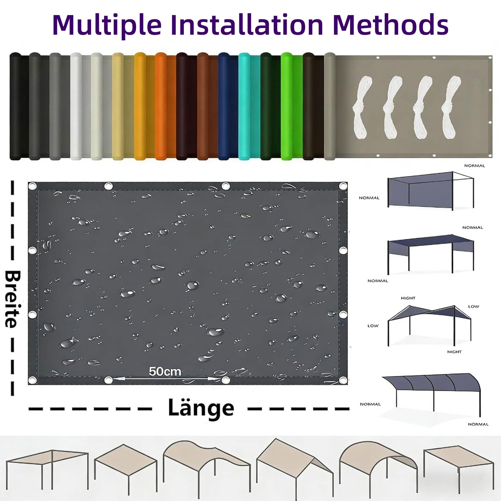 Voile d'ombrage 240 x 240 cm Imperméable Protection UV 98% Rectangulaire Toile Ombrage Exterieur avec Œillets et Corde, sans Perçage pour Serre, Patio, Pergola, Jardin, Taupe